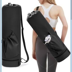 Black Drawstring Yoga mat bag, large fits mat and towel. Wet pouch on bottom.